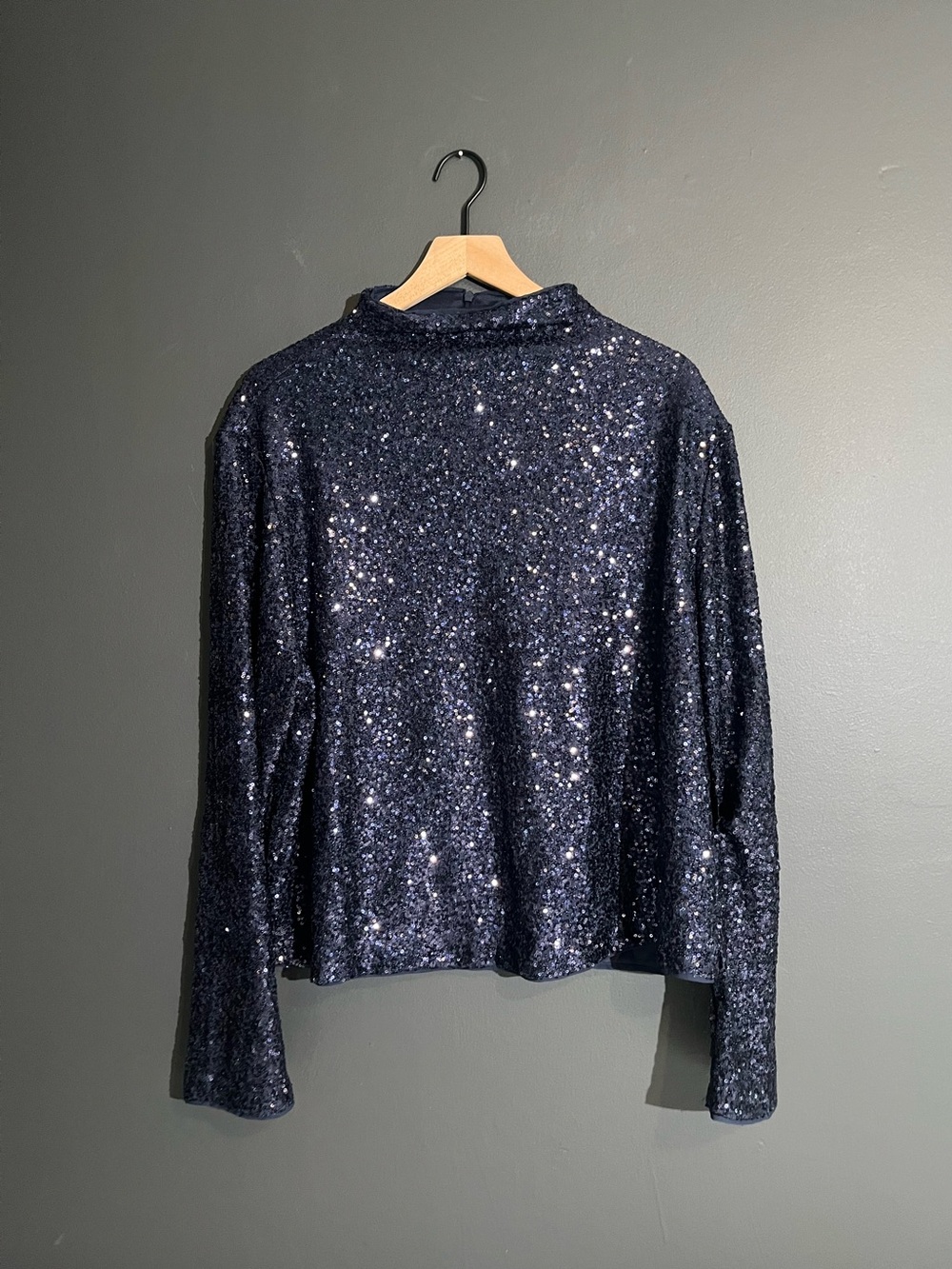 H&M Navy Blue Sequin Mockneck Long Sleeve Blouse Zip Back Holiday - Size XXL